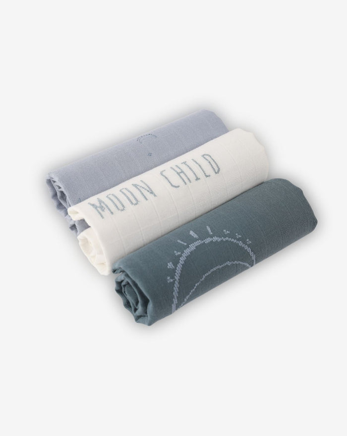 100% Cotton Muslin Squares EMB - Pack of 3