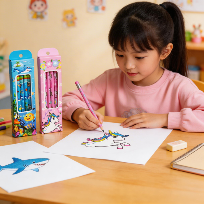 12 Pcs Pencil Set | Random Design Printed Wooden Pencils | Cute & Colorful Stationery for Kids, School & Office