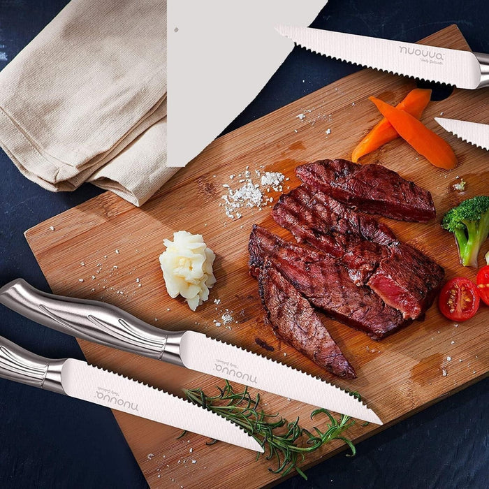 Nuovva kitchen knife with wooden block includes stainless steel steak knives