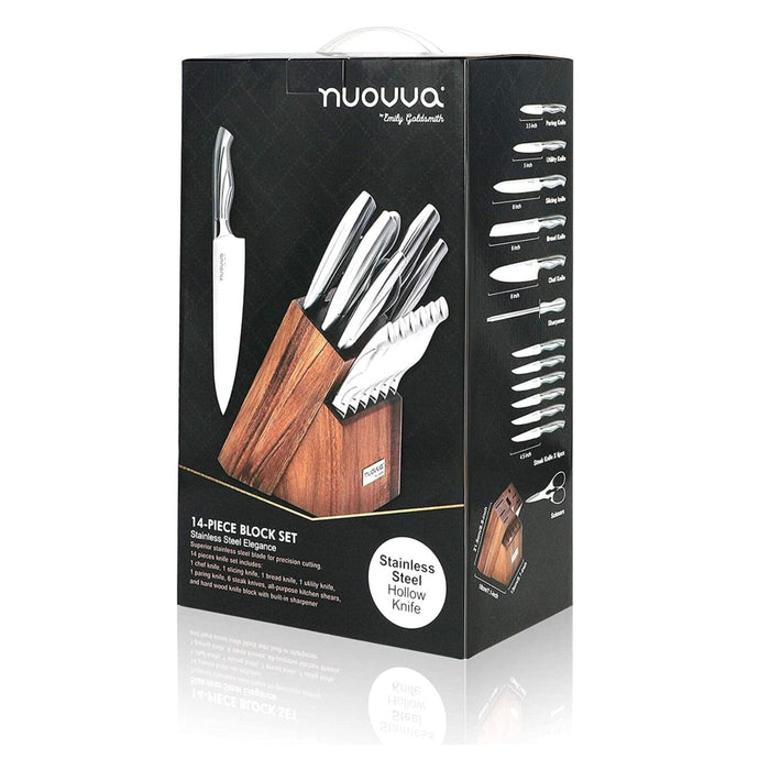 Nuovva 14pc stainless steel kitchen knife set with wooden block, gift box knife sharpener and more.