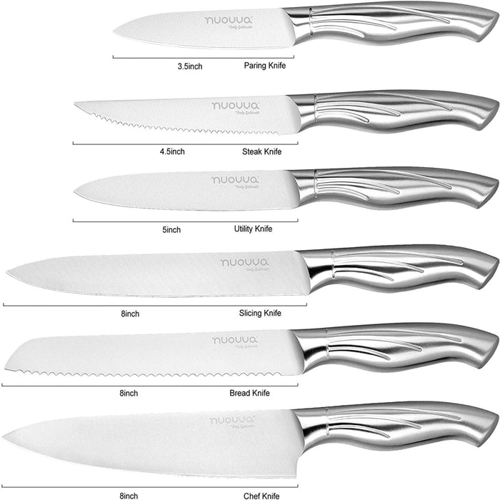 Nuovva set of kitchen knives includes stainless steel chefs knife, bread knife, slicing knife, utility knife, steak knife and paring knife.
