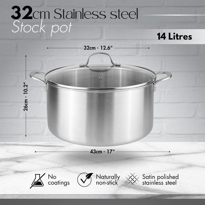 14L Stainless Steel Cooking Pot – 32 cm, Tri-Ply Construction, Induction Compatible with Glass Lid