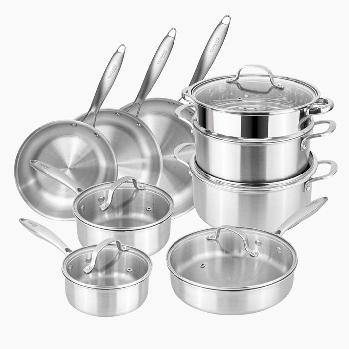 Set of 14pcs stainless steel cookware including frying pans, saucepans stockpots and more