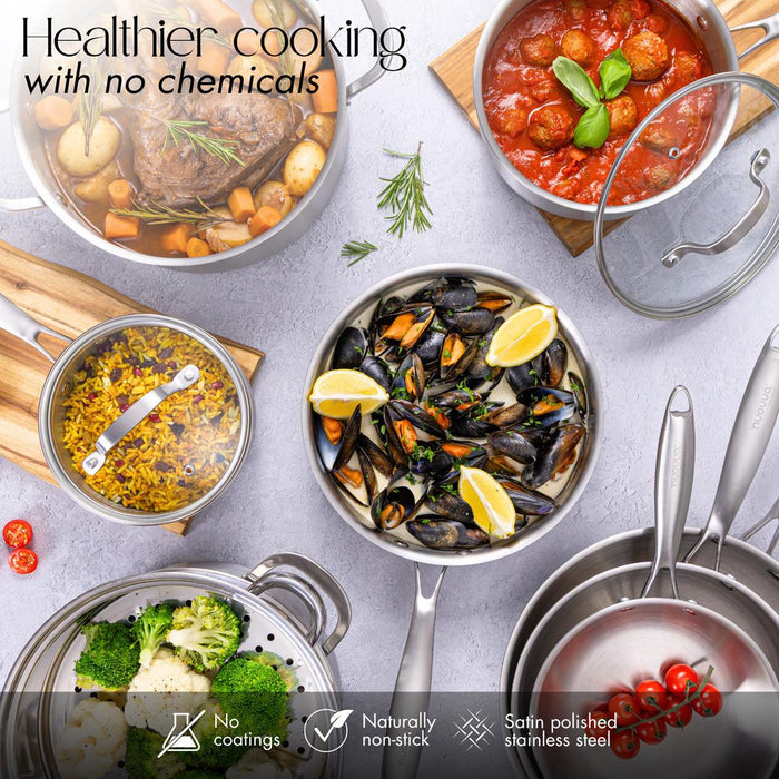 Healthier cooking with nuovva stainless steel chemical free cookware with no coating and naturally non-stick feature