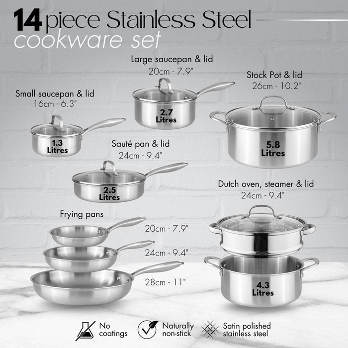 14-piece stainless steel cookware set including saucepans, frying pans, steamer, stockpot and saute pan - with dimensions and capacity