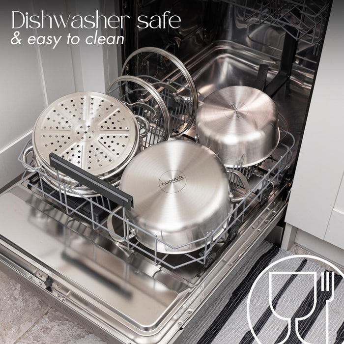 Nuovva stainless steel cookware is dishwasher safe and easy to clean