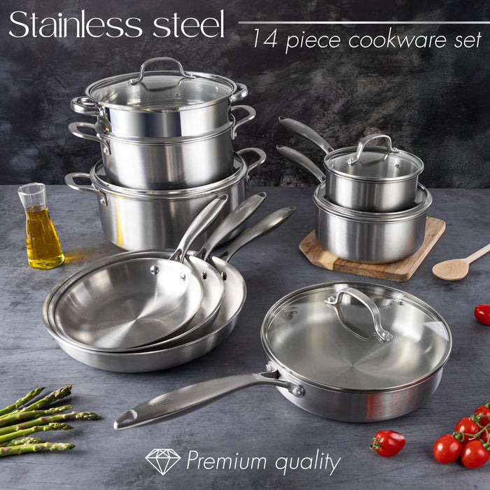 14pcs Premium quality stainless steel cookware set includes saucepans, frying pans, saute pans, stock pot and steamer