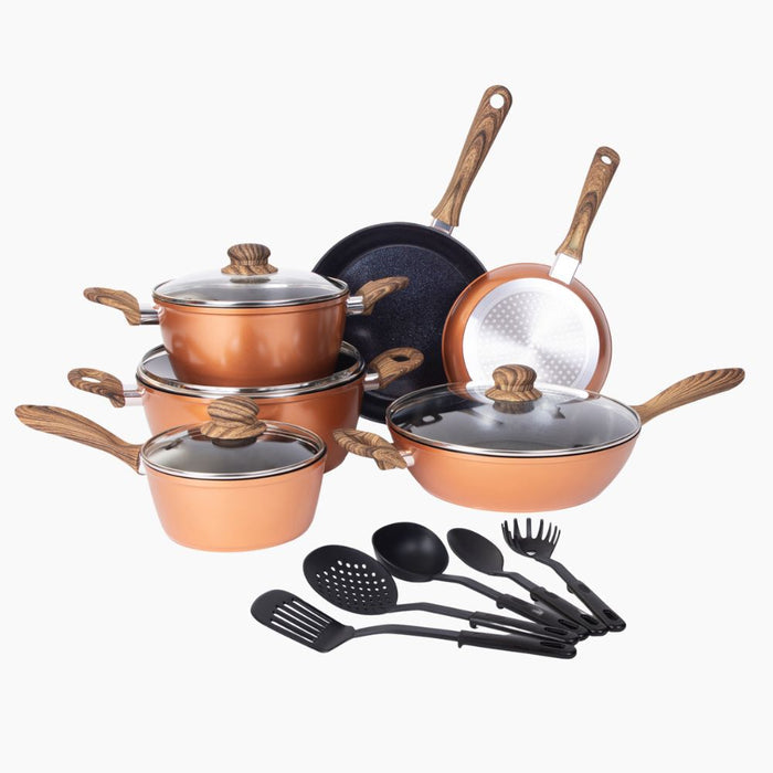 Nuovva 15-Piece copper cookware set of pots, pans & utensils - including induction frying pans, saucepans, woks, sauté pans and more.