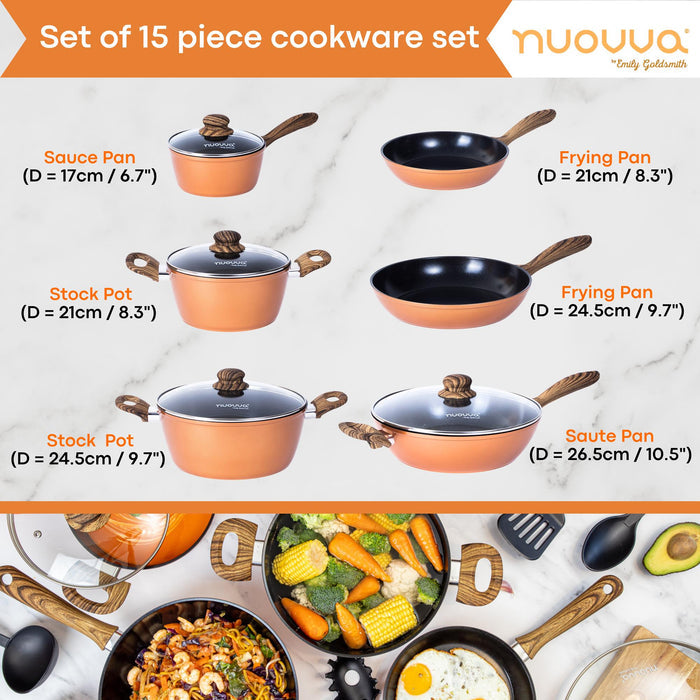 Nuovva set of copper induction pots and pans including sauce pan, stock pots, frying pans and a sauté pan for induction cooking.