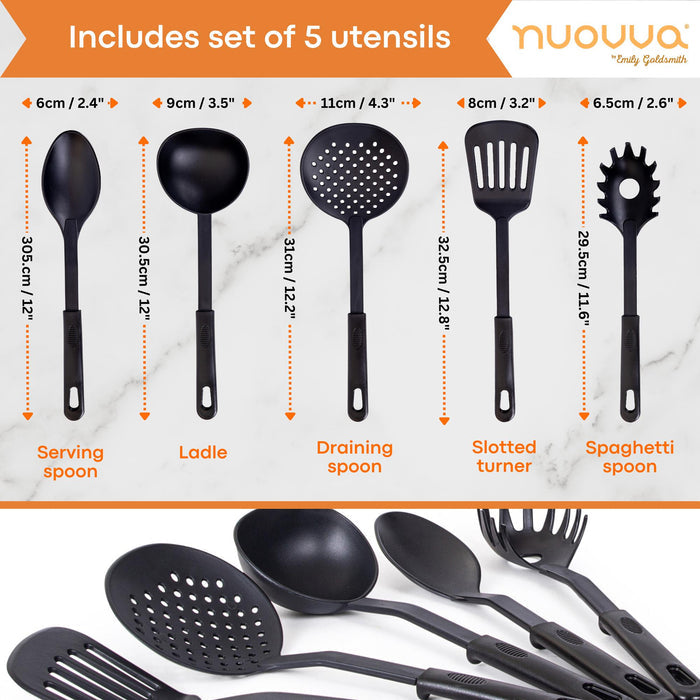 Nuovva set of 15 copper cookware pots and pans with utensils including serving spoon, ladle, draining spoon, slotted turner and a spaghetti spoon.