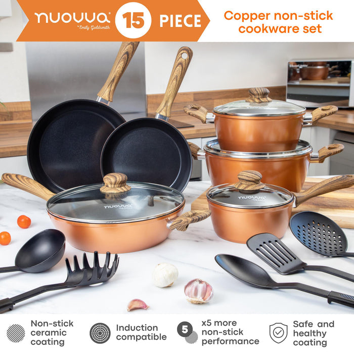 Nuovva 15 pcs copper non-stick cookware set with ceramic coating, induction compatible cookware for healthy and efficient cooking.