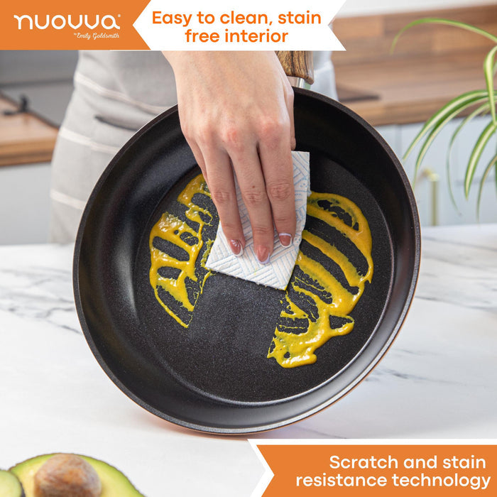 Image of nuovva cookware being cleaned efficiently as nuovva cookware set is scratch-free and stain resistance technology.