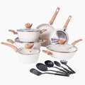 Cream  granite 15 piece induction cookware set with pots, pans and utensils including saucepans, frying pans and more.