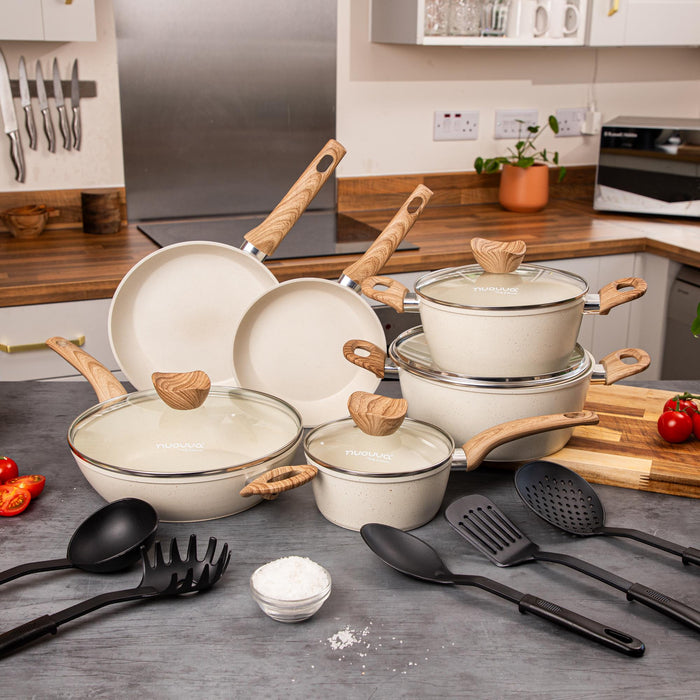 Nuovva cream granite kitchenware including stock pots, saucepans, frying pans and kitchen utensils for induction cooking and more.