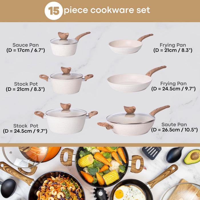 Nuovva cream granite cookware set including saucepan, stock pots, frying pans and a sauté pan for efficient cooking.