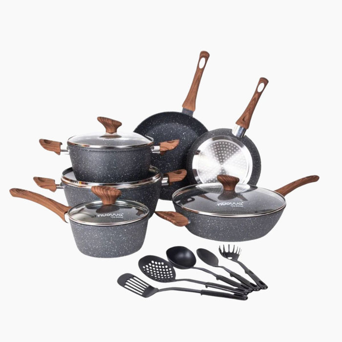 Grey Granite induction cookware set of pots, pans and utensils including granite saucepans with lids, woks and more.