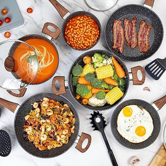 Nuovva grey granite cookware set with glass lids and wooden handles. Shop kitchenware set including frying pans, saucepans, stockpots and utensils.