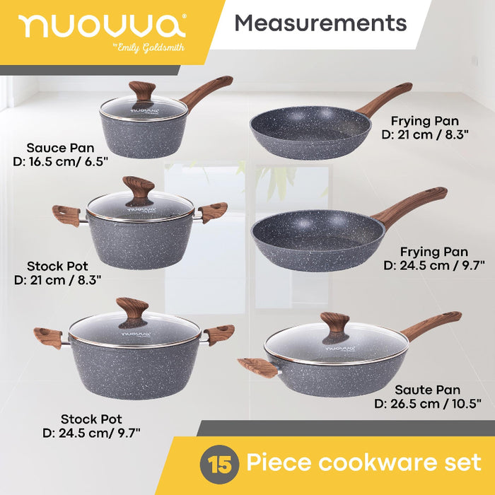Nuovva 15 pieces grey granite cookware set including sauce pan, stock pots with lids, frying pans and a sauté pan with glass lid.