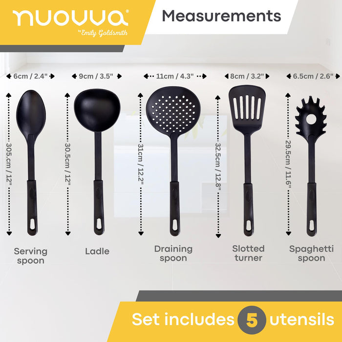 Nuovva 15 piece grey granite cookware set with 5 utensils including serving spoon, ladle, draining spoon, slotted turner and spaghetti spoon.