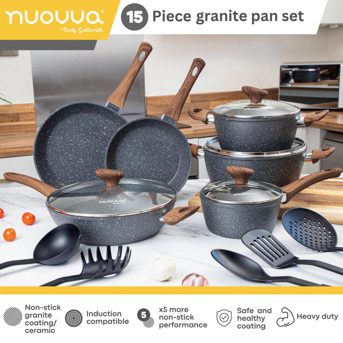 Nuovva 15 piece grey granite cookware set with saucepans, frying pans, stock pots and utensils with a ceramic coating, induction base and non-stick performance.