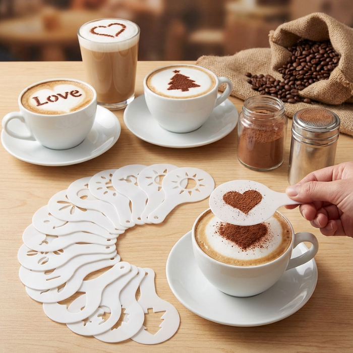 16 Pcs Coffee Stencil Set – Reusable Plastic Cappuccino & Latte Art Stencils for Coffee Decoration