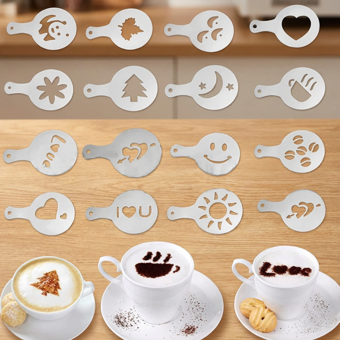 16 Pcs Coffee Stencil Set – Reusable Plastic Cappuccino & Latte Art Stencils for Coffee Decoration