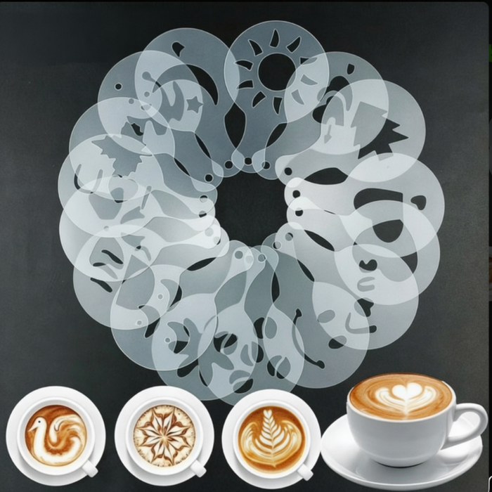 16 Pcs Coffee Stencil Set – Reusable Plastic Cappuccino & Latte Art Stencils for Coffee Decoration