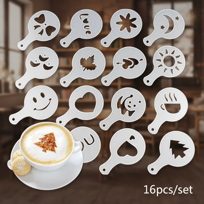 16 Pcs Coffee Stencil Set – Reusable Plastic Cappuccino & Latte Art Stencils for Coffee Decoration