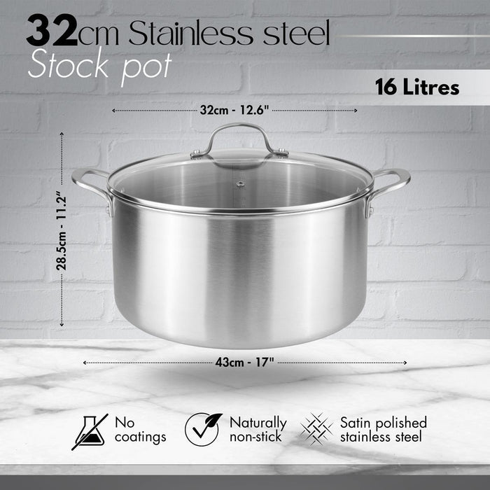 16L Stainless Steel Cooking Pot – 32 cm, Tri-Ply, Induction Compatible with Glass Lid