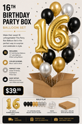 16th Birthday Party Box Balloon Set – Gold