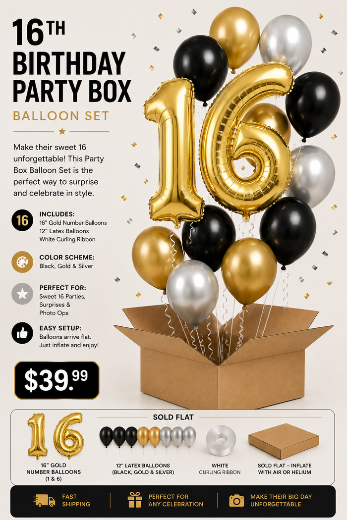16th Birthday Party Box Balloon Set – Gold