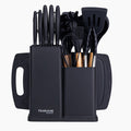 Nuovva 17pcs black silicone kitchen utensil & knife set with storage block and knife storage.