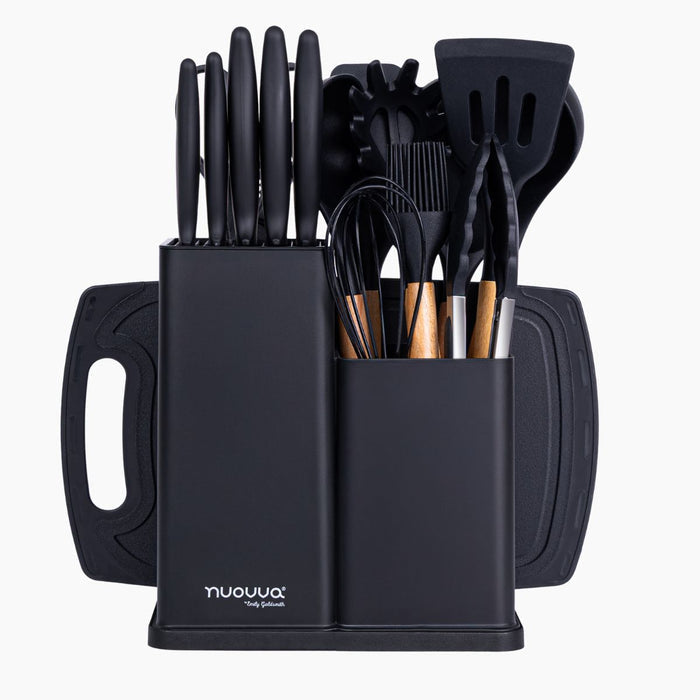 Nuovva 17pcs black silicone kitchen utensil & knife set with storage block and knife storage.