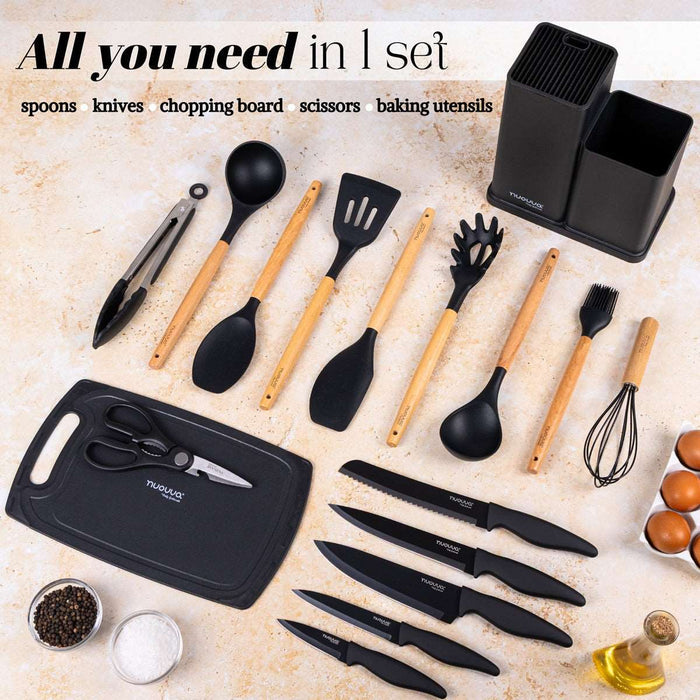 Nuovva set includes silicone baking utensils, kitchen knives, spoons, scissors, chopping board and storage block