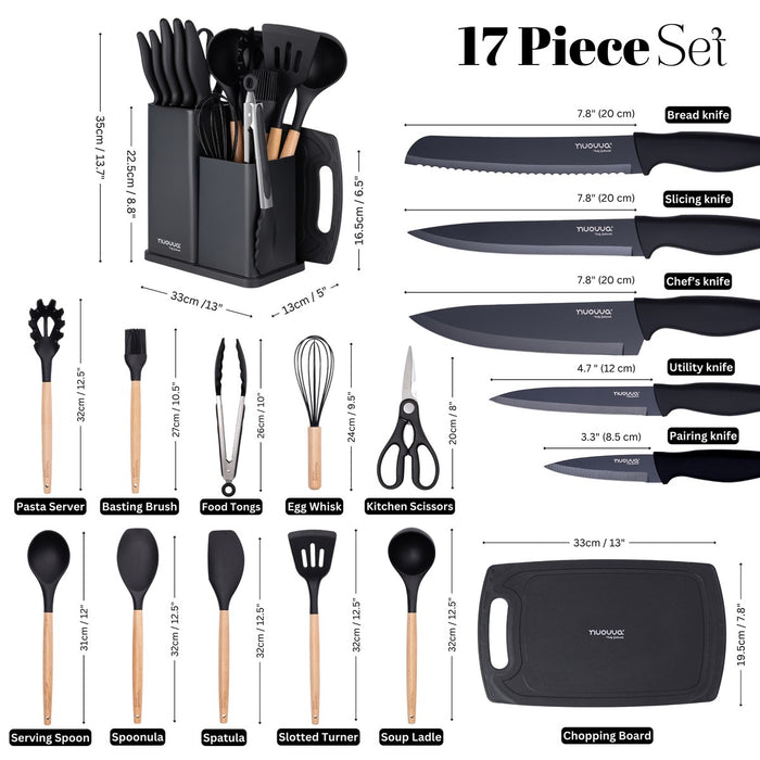 17pcs black kitchen utensil set includes storage block, chopping board, kitchen knives and utensils including spatula and kitchen scissors.