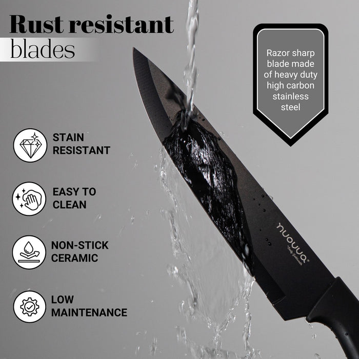 Razor sharp stainless steel kitchen knife with rust resistant blade is easy to clean and stain resistant for low maintenance care.