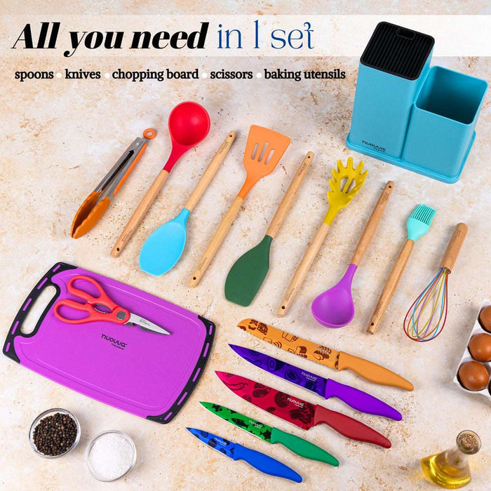Nuovva all you need kitchen utensil set includes silicon spoons, kitchen knives, chopping board, kitchen scissors and baking utensils.