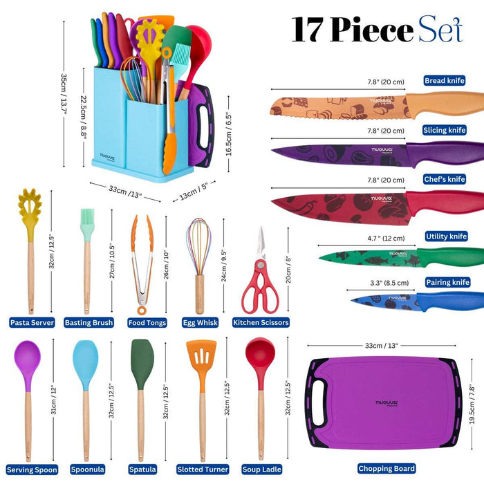 Nuovva colourful 17pcs kitchen set includes a bread knife, slicing knife, chopping board, spatula, food tongs, kitchen scissors, serving spoon and more.