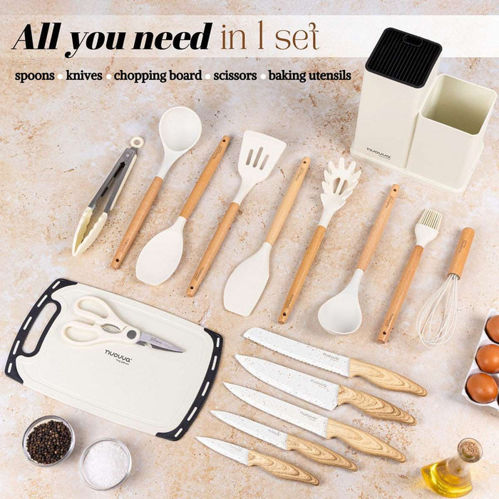 Nuovva all you need kitchen set includes silicon spoons, kitchen knives, chopping board, cooking scissors and baking utensils.