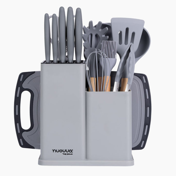 Nuovva grey silicon kitchen utensil set with kitchen knives, chopping block and storage block