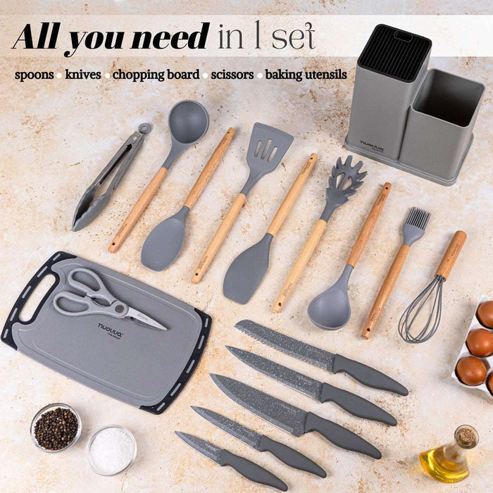 All you need set with nuovva 17pcs utensil set including spoons, kitchen knives, chopping board, scissors and baking utensils.
