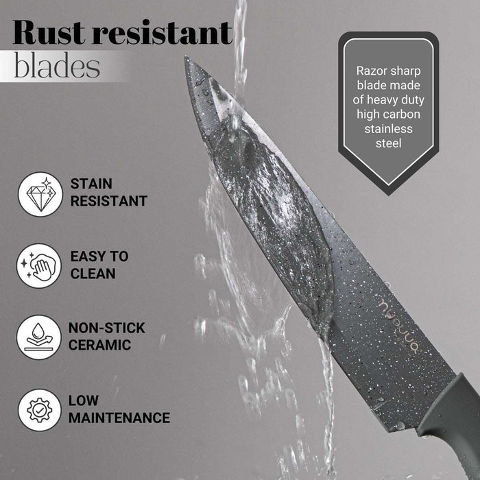 Razor sharp kitchen knife with heavy duty high carbon stainless steel blade which is rust resistant, stain resistant and easy to clean with non-stick ceramic