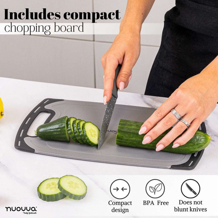 Nuovva grey kitchen utensil and knife set includes a BPA free compact chopping board which does not bunt knives.
