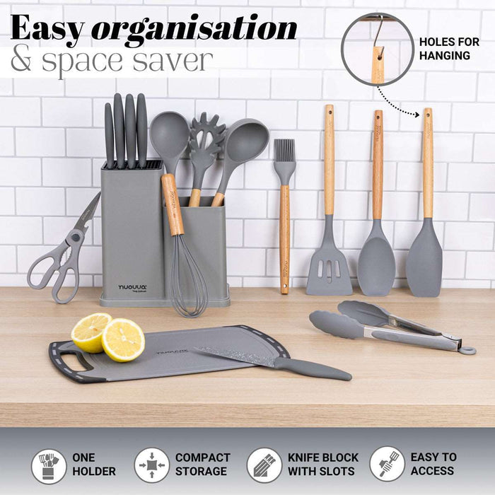 Easy organization with nuovva kitchen utensil set with compact storage block with slots for kitchen knives.