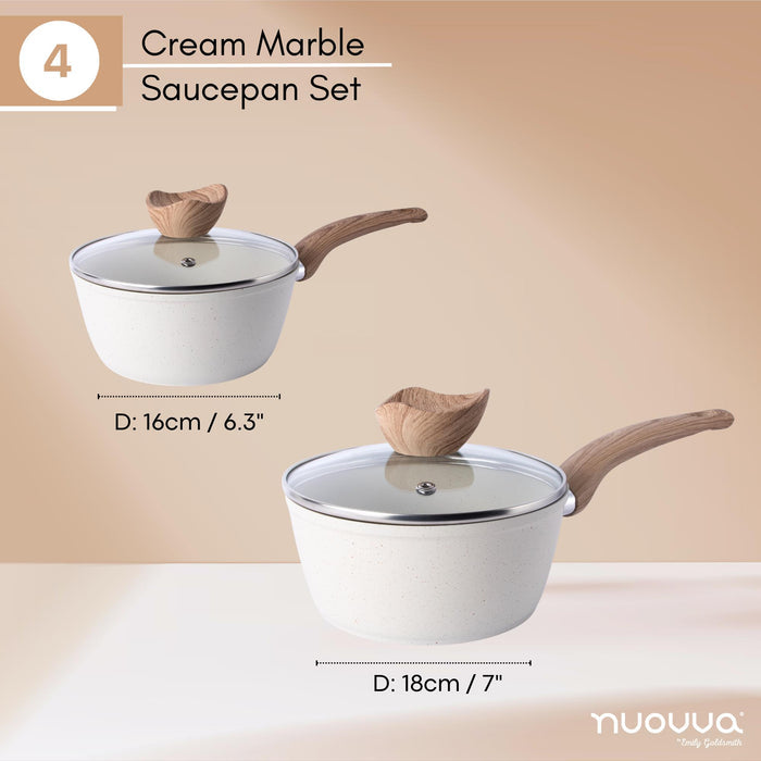 Nuovva cream marble saucepan set with glass lids and wooden handles (16cm & 18cm) for easy cooking
