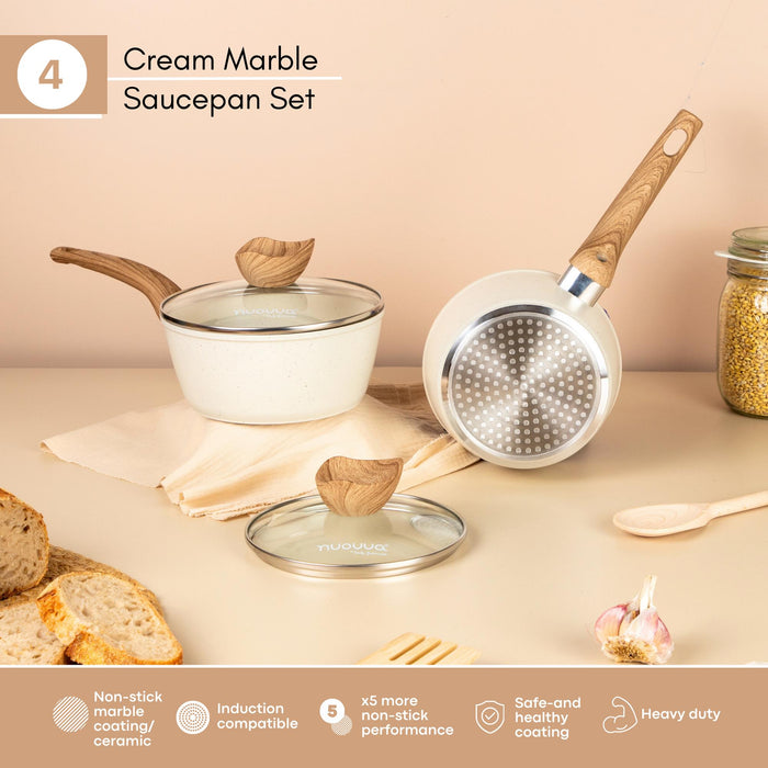 Nuovva cream marble saucepan set with glass lids and a non stick ceramic coating for non - stick cooking and safe and healthy cookware.