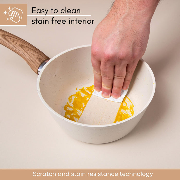 Nuovva easy to clean granite saucepans with wooden handles and scratch & stain resistant interior