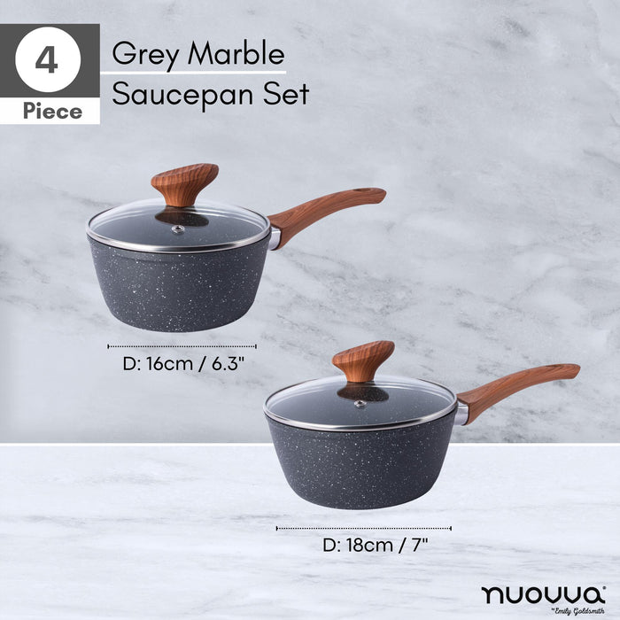 Nuovva 4 piece set of grey marble saucepan set with glass lids and wooden handle - 16cm or 18cm