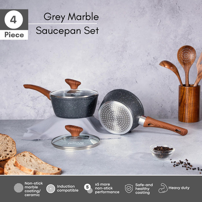 4 piece grey marble saucepan set with glass lids and wooden handles, non -stick marble coating, induction compatible and safe and healthy coating.
