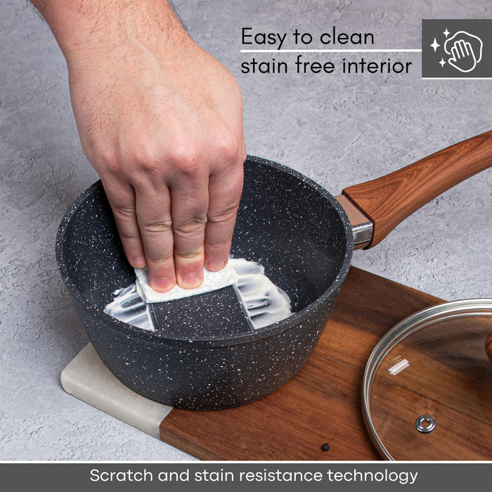 2 piece grey marble saucepan set with easy to clean, stain-free interior.